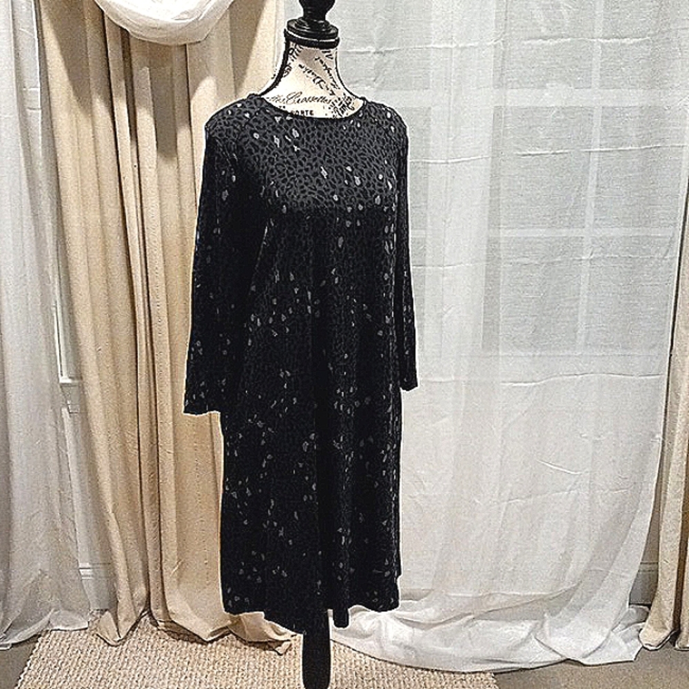 NEW Women L Knit Dress Swing 3/4 Sleeves Leopard Print Relax Boho Stretch Pocket